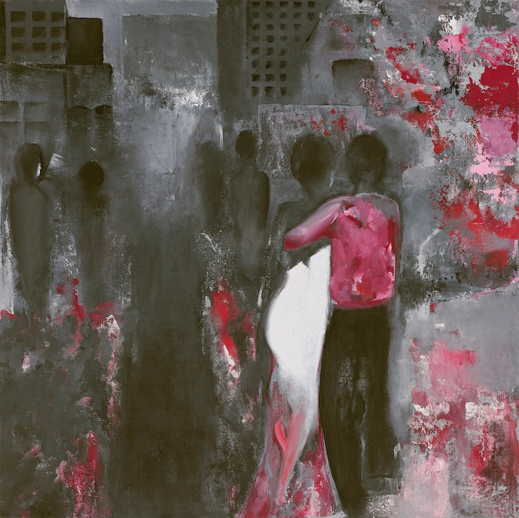A stylized, abstract impressionistic depiction of a couple dancing with a cityscape in the background, primarily in shades of black, pink, and gray.