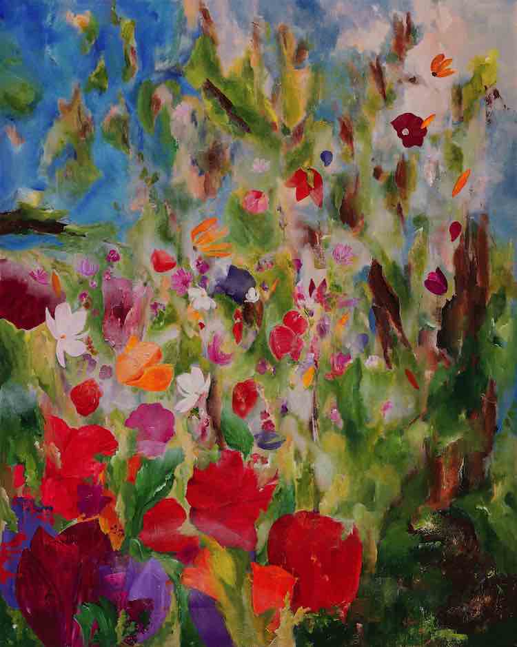 An acrylic painting on canvas featuring a colourful floral design.