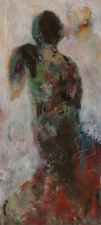An abstract multicolored artwork featuring a figure with a blurred background.