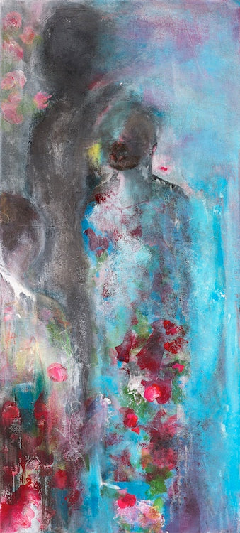 An abstract impressionistic painting featuring a figures with a floral pattern in the foreground with a dark figure in the background, predominantly in shades of blue and purple.