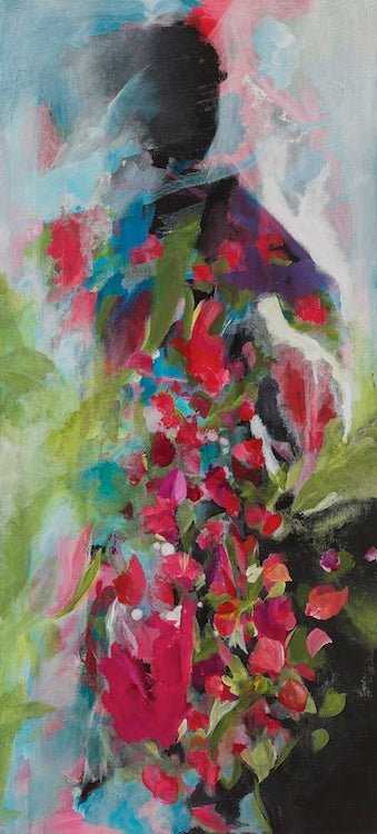 An abstract painting featuring a figure with a floral motif in red and green on a white background.