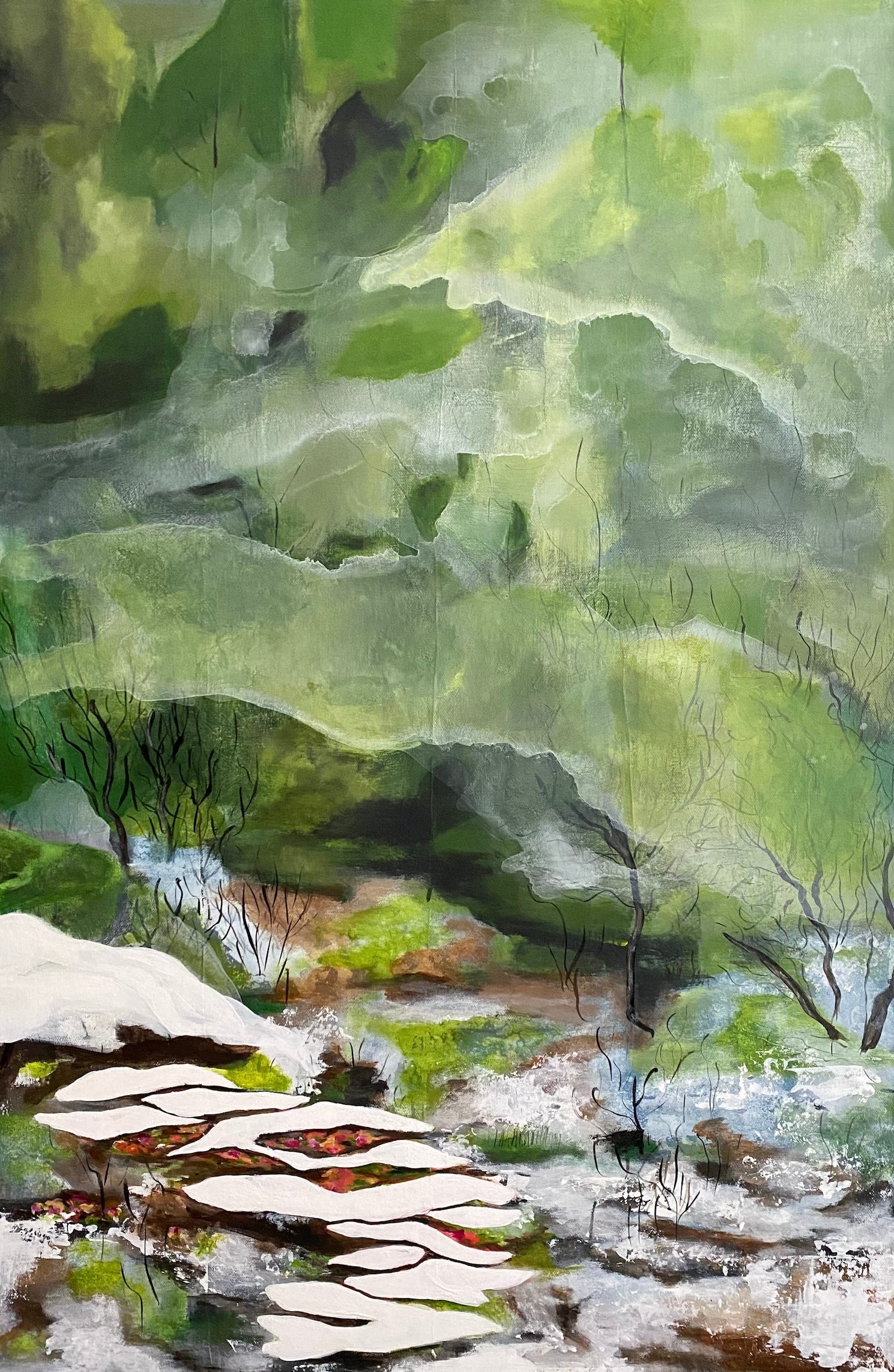 A painting of a forest scene with a pathway surrounded by trees under a misty veil.