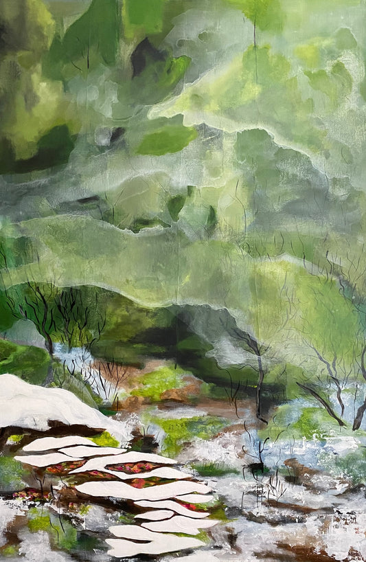 A painting of a forest scene with a pathway surrounded by trees under a misty veil.