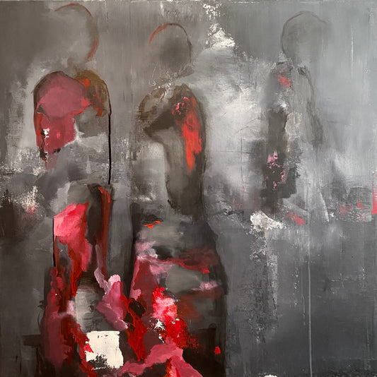 An abstract impressionistic painting featuring a dark background with figures in red and gray in a dreamlike state.