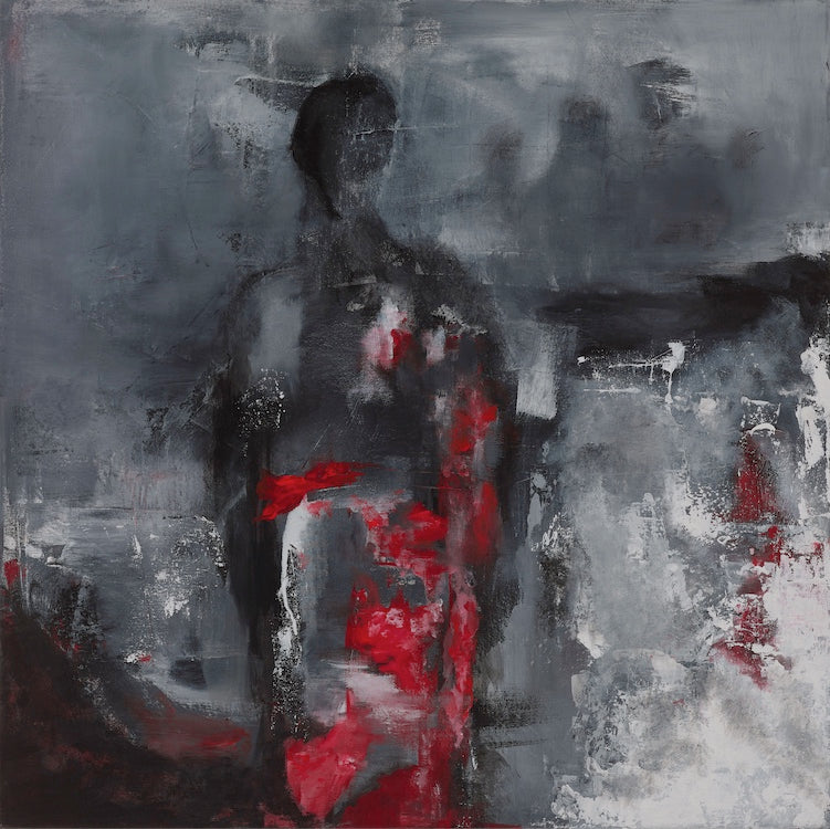 An abstract painting featuring a figure in red and gray tones on a white background.