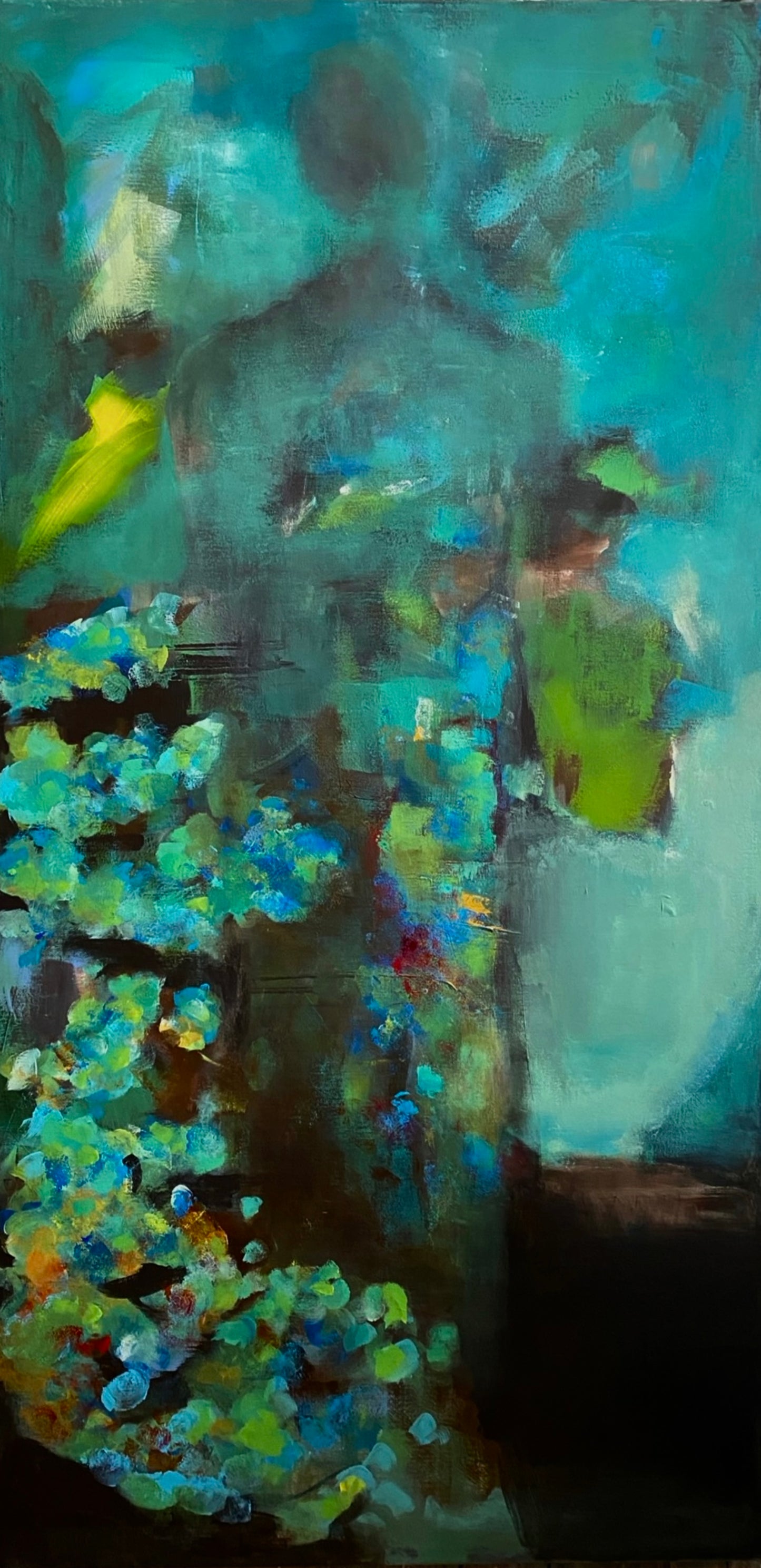 Abstract impressionism painting with a lone figure in a color palette of blues and greens