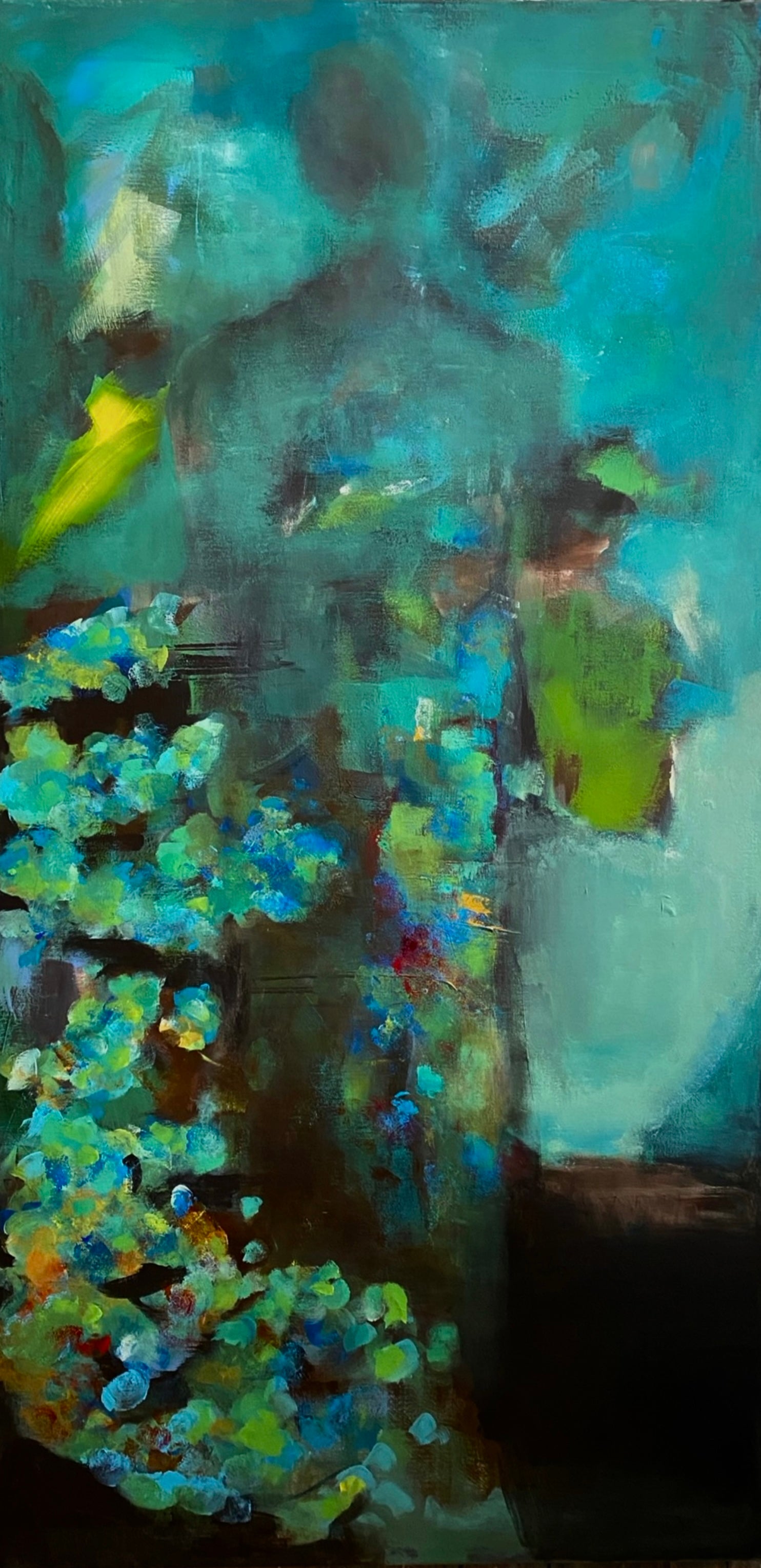 Abstract impressionism painting with a lone figure in a color palette of blues and greens