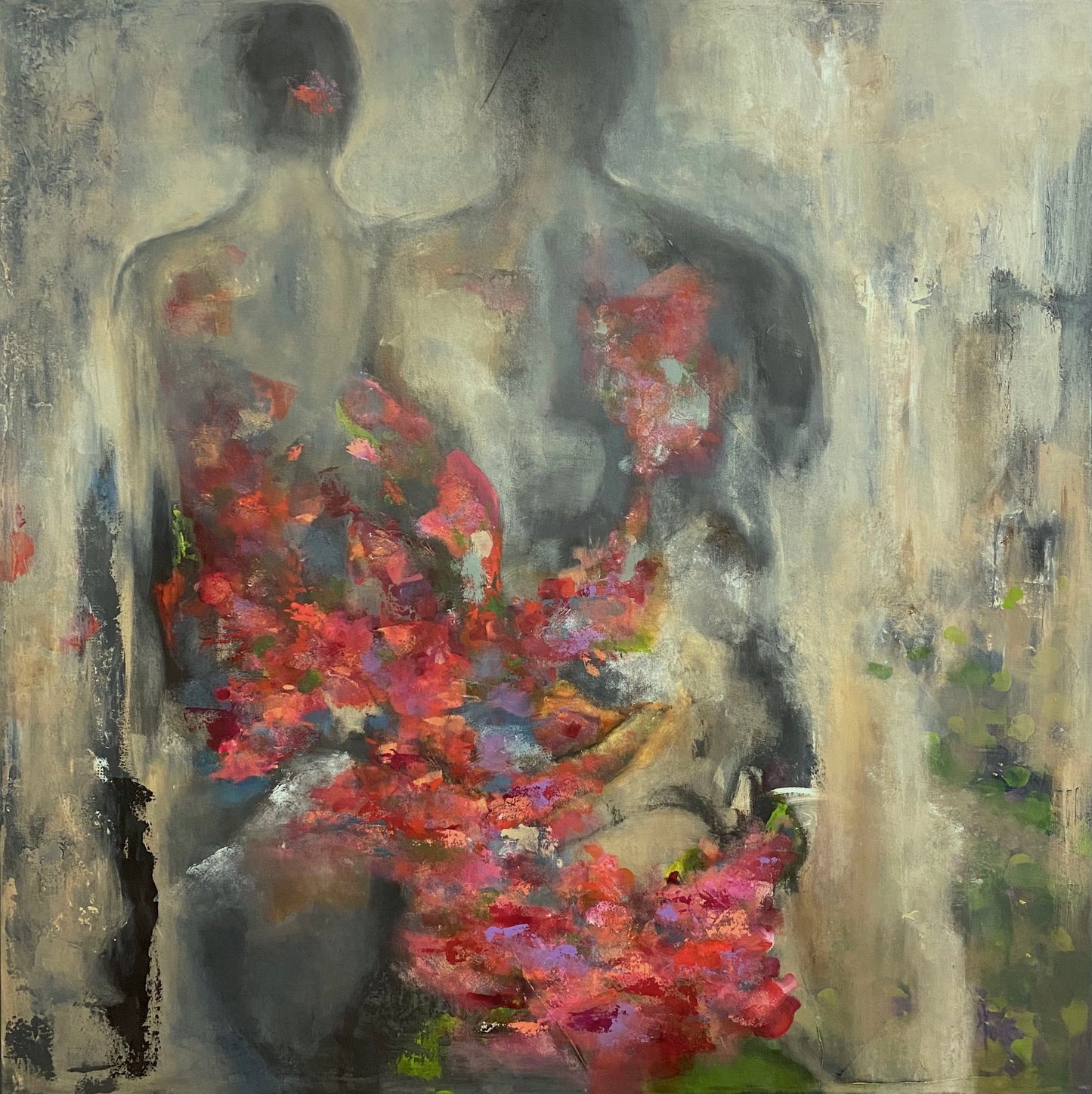 An abstract painting featuring two figures with a floral pattern, predominantly in shades of black, gray, and red.