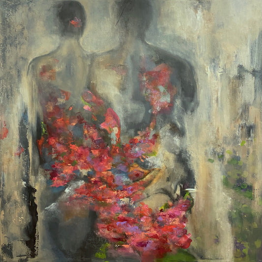 An abstract painting featuring two figures with a floral pattern, predominantly in shades of black, gray, and red.