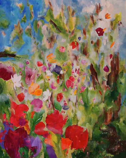 An acrylic painting on canvas featuring a colourful floral design.