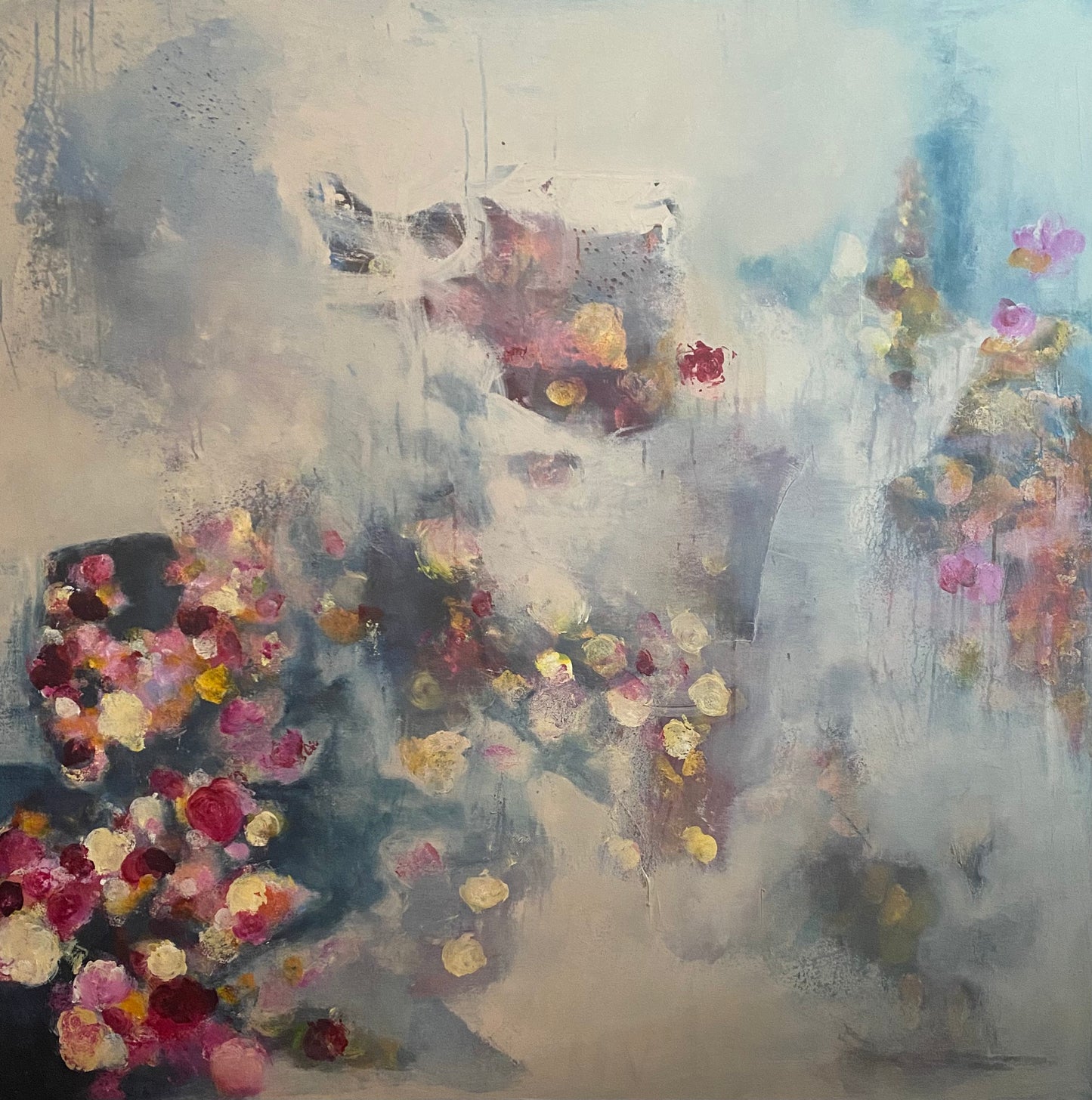 Abstract artwork with colorful floral elements on a textured background