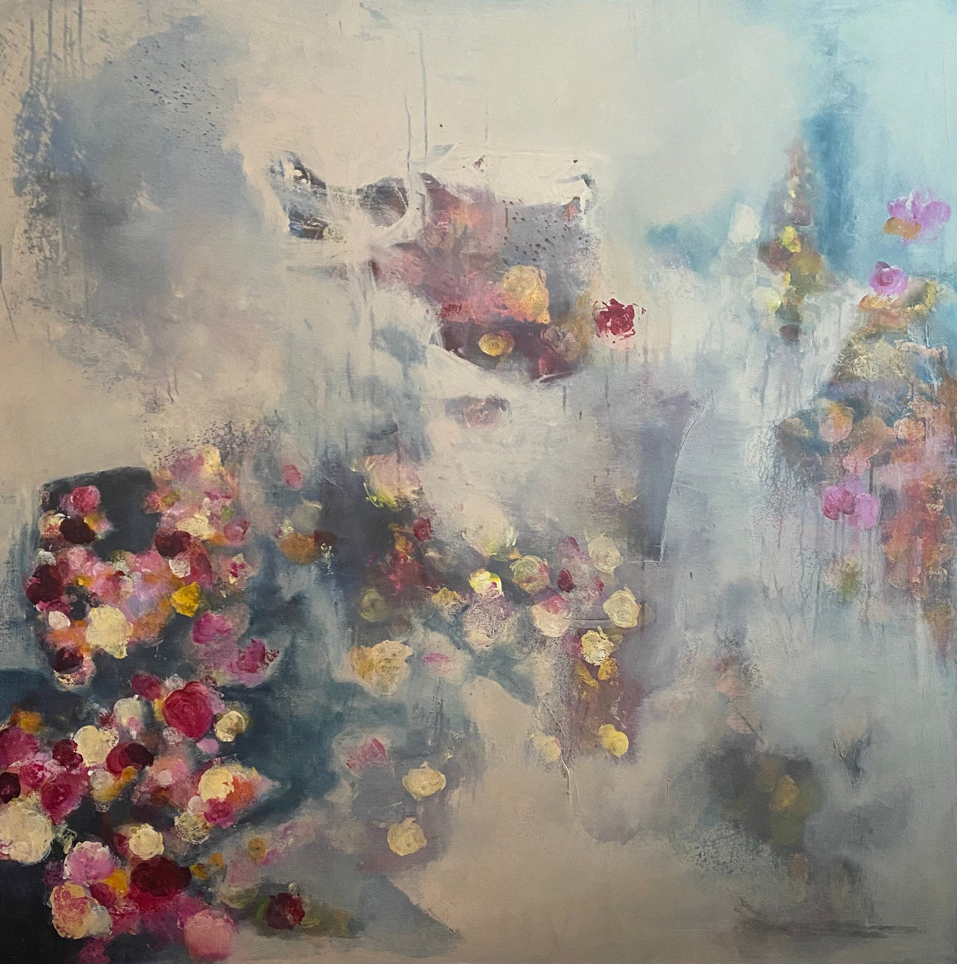 Abstract artwork with colorful floral elements on a textured background