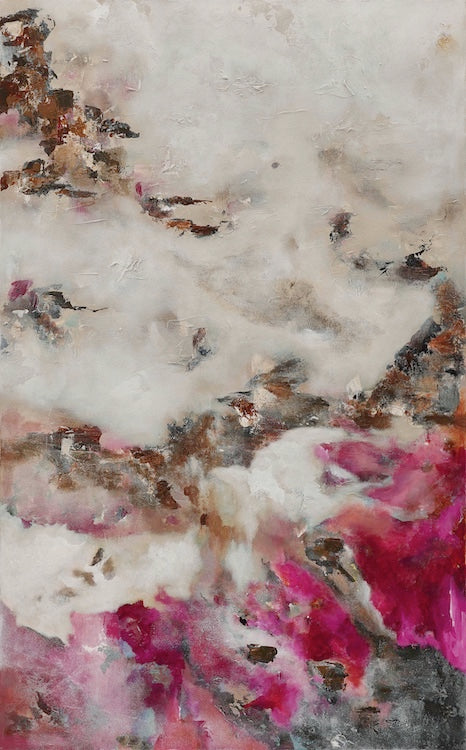 An textured abstract artwork with a blend of pink, white, and brown colours.